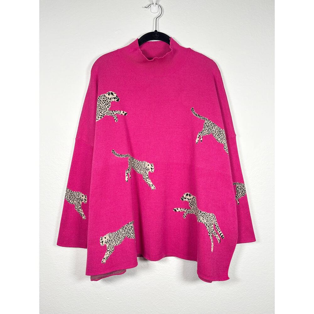 Entro Hot Pink Mock Neck Oversized Boho Jungle Cat Cheetah Tunic Sweater